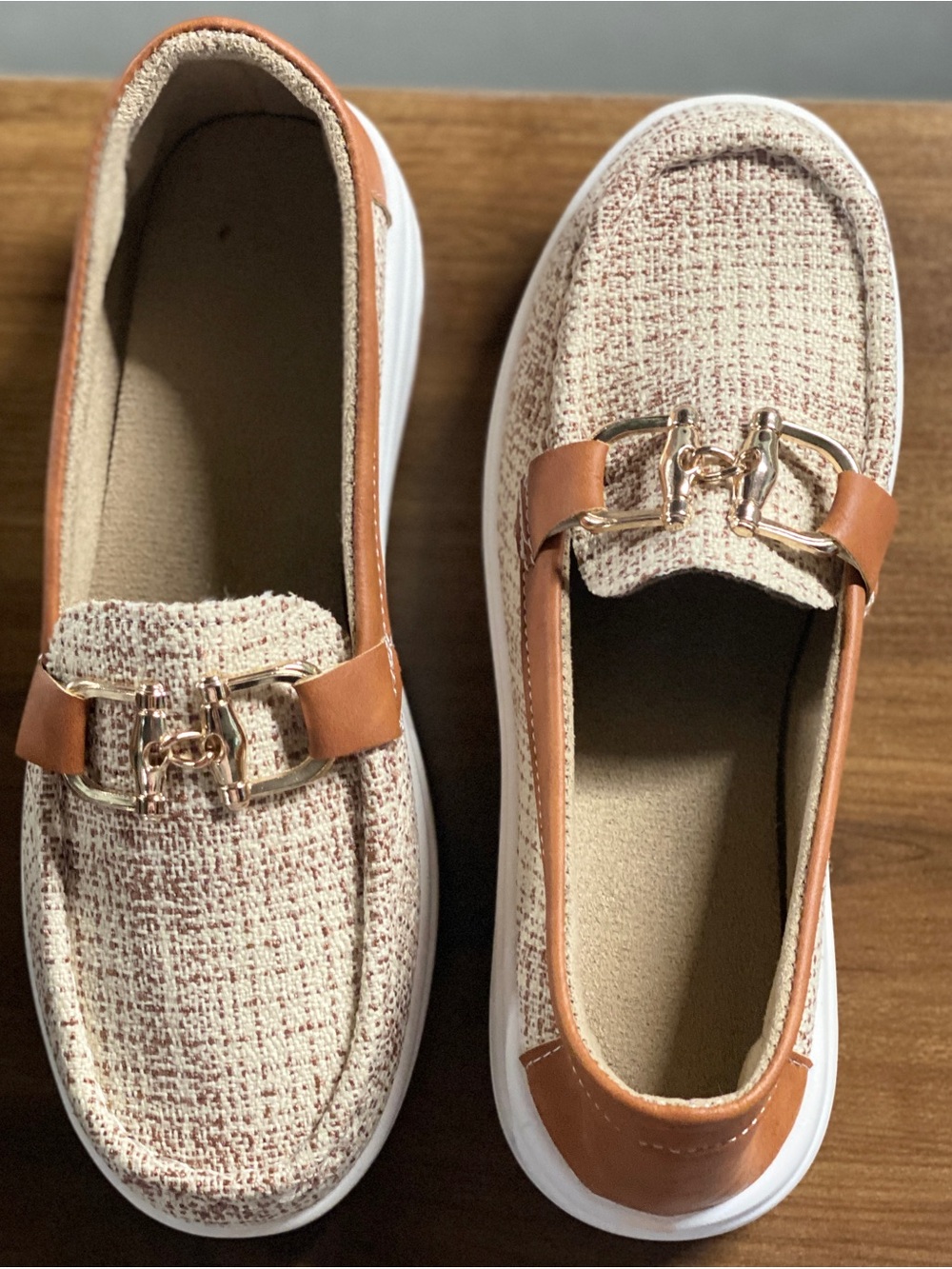 Women’s Tan & Cream Slip-On Loafers with Gold Accent